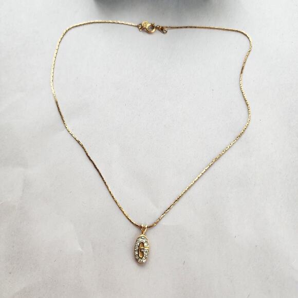Authentic VTG Givenchy Signed Logo G Pendant Necklace Gold Crystal Rhinestone - Picture 3 of 10
